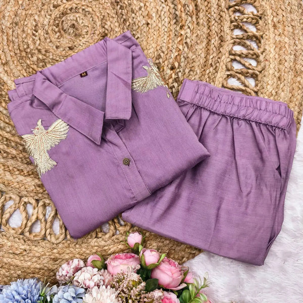 Purple Embroidered Kurti Pant Set for Women | Stylish Ethnic Co-Ord Set