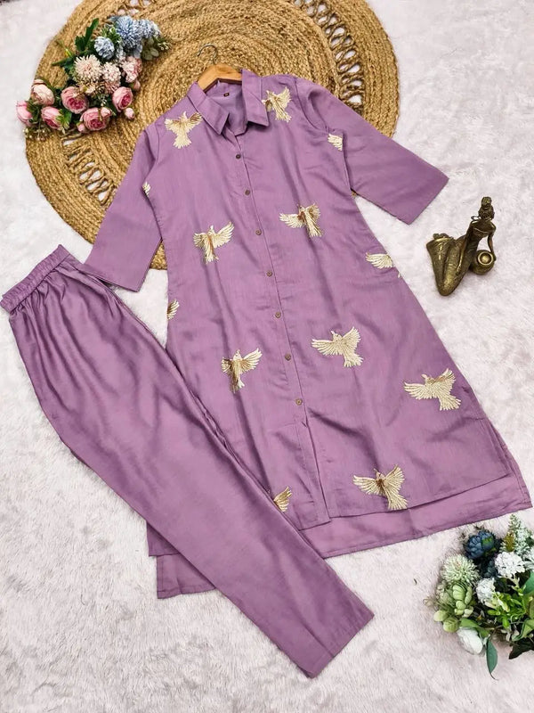 Purple Embroidered Kurti Pant Set for Women | Stylish Ethnic Co-Ord Set