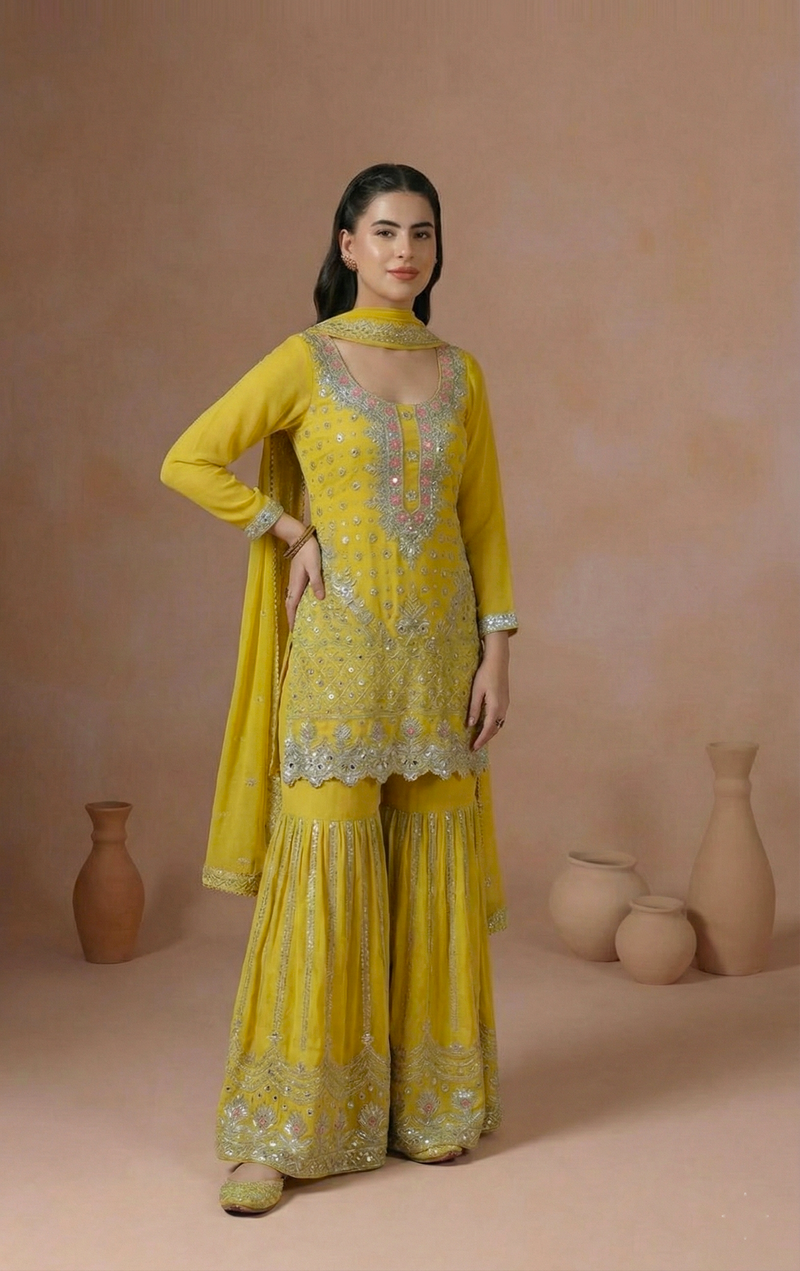 Yellow Embroidered Kurta Sharara Set with Dupatta for Women