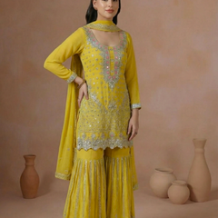 Yellow Embroidered Kurta Sharara Set with Dupatta for Women