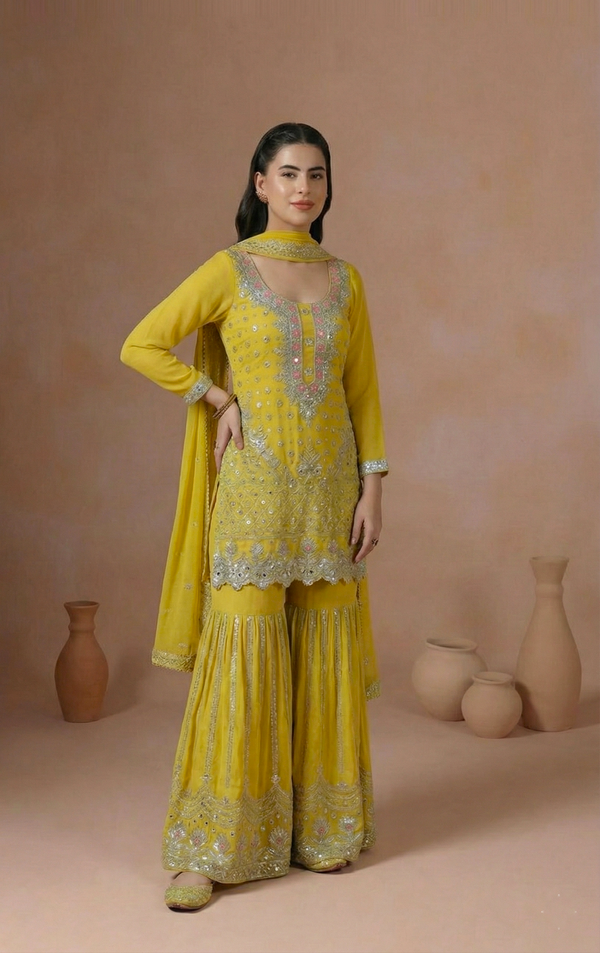 Yellow Embroidered Kurta Sharara Set with Dupatta for Women