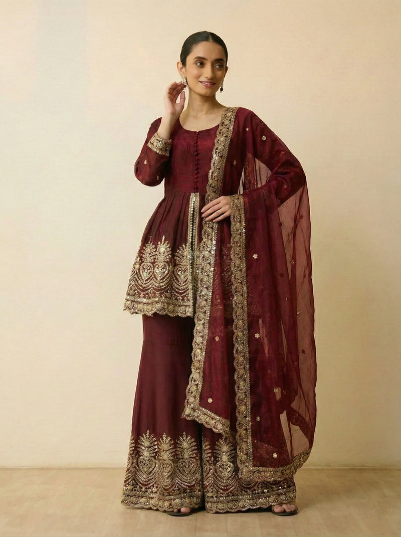 Wine Maroon Embroidered Sharara Set with Dupatta