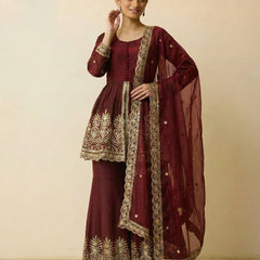 Wine Maroon Embroidered Sharara Set with Dupatta