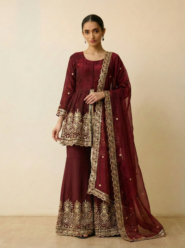 Wine Maroon Embroidered Sharara Set with Dupatta
