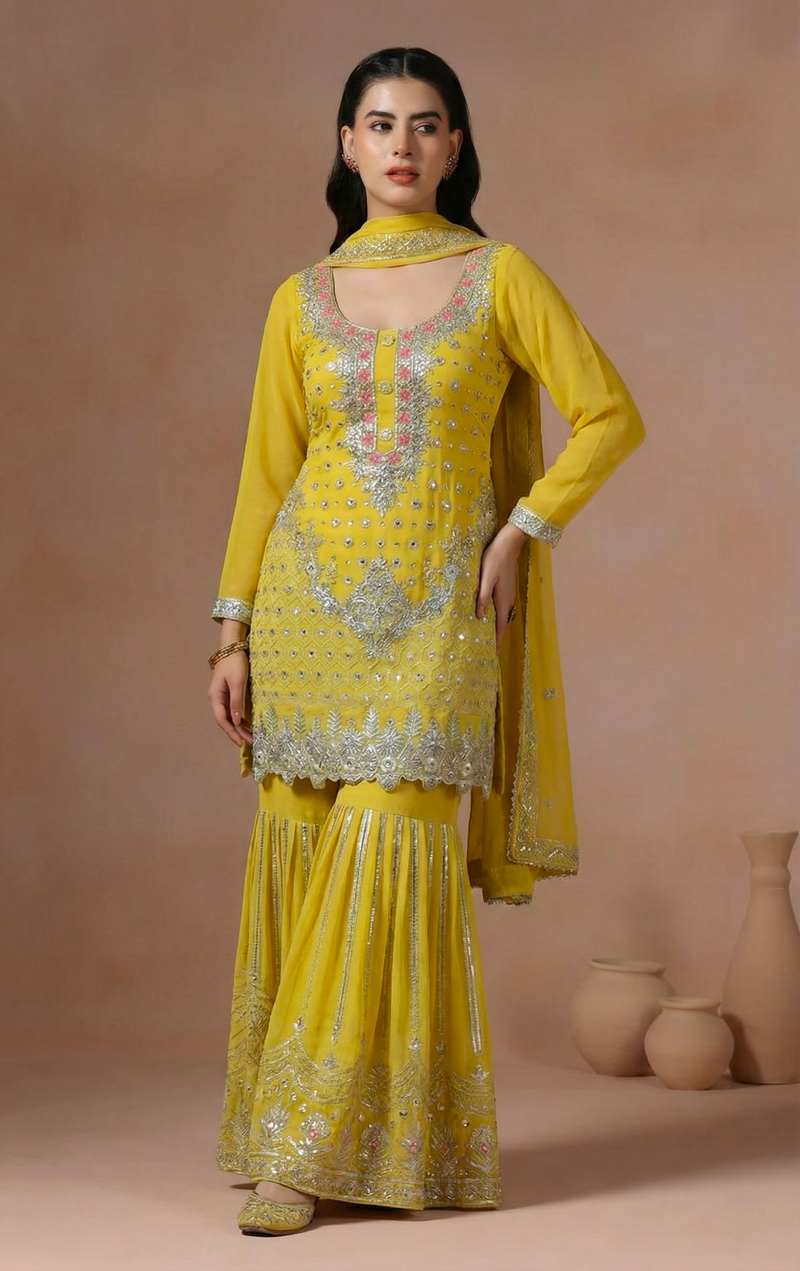 Yellow Embroidered Kurta Sharara Set with Dupatta for Women