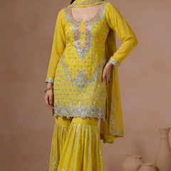Yellow Embroidered Kurta Sharara Set with Dupatta for Women