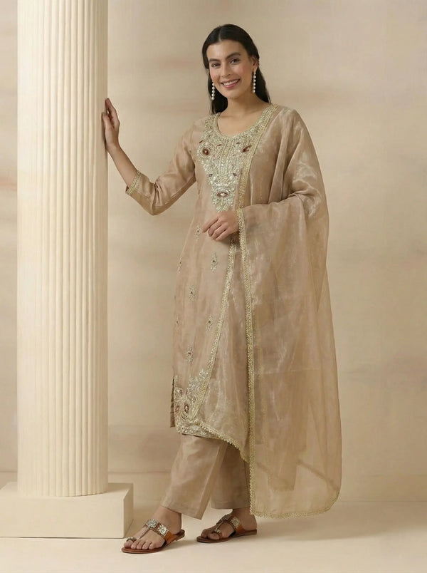 Elegant Beige Embroidered Kurta Set with Dupatta