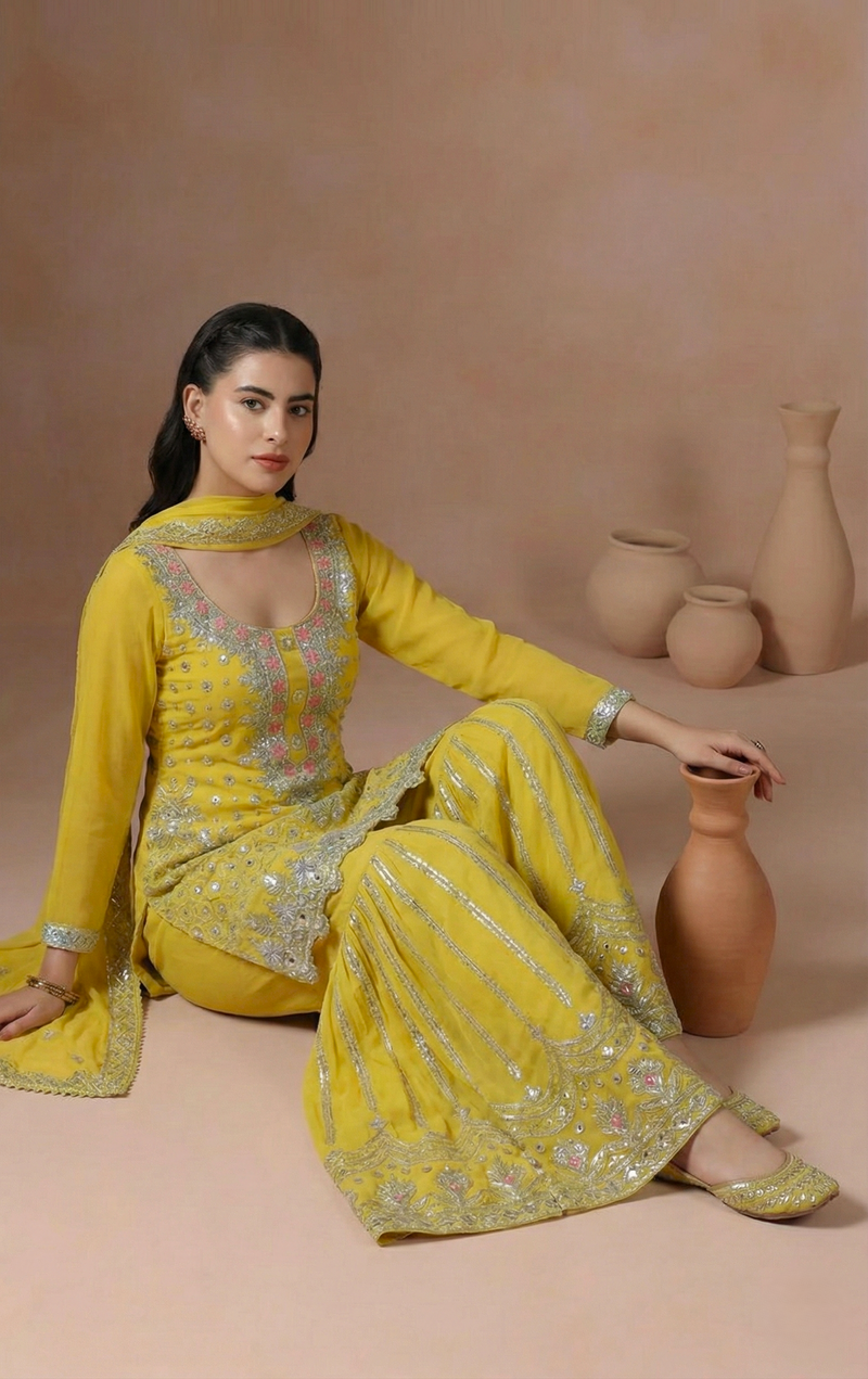 Yellow Embroidered Kurta Sharara Set with Dupatta for Women