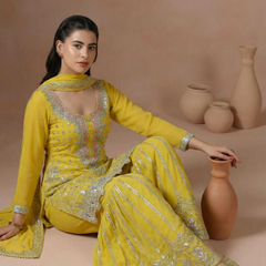 Yellow Embroidered Kurta Sharara Set with Dupatta for Women