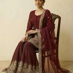 Wine Maroon Embroidered Sharara Set with Dupatta