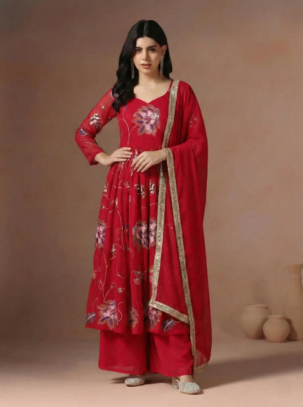 Red Floral Embroidered Kurta Palazzo Set with Dupatta for Women – Festive & Office Wear
