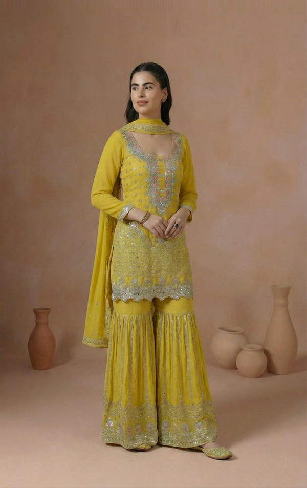 Yellow Embroidered Kurta Sharara Set with Dupatta for Women