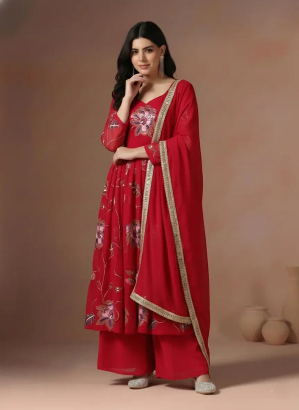Red Floral Embroidered Kurta Palazzo Set with Dupatta for Women – Festive & Office Wear