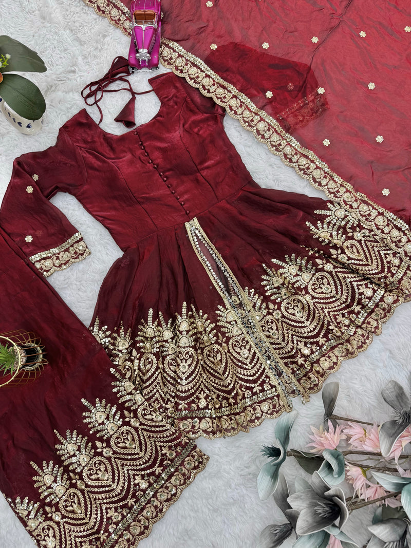 Wine Maroon Embroidered Sharara Set with Dupatta