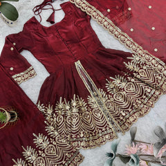 Wine Maroon Embroidered Sharara Set with Dupatta